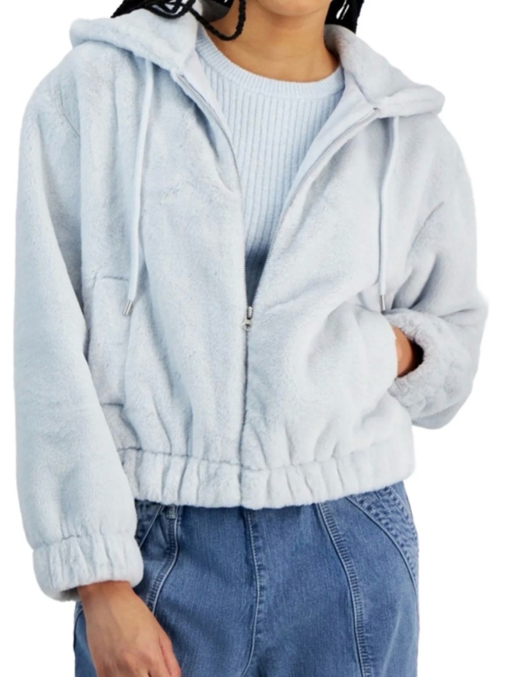 Women's Light Blue Plush Hooded Zip Jacket